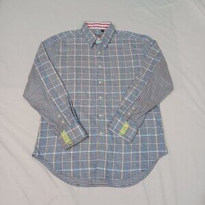 Robert Graham X Shirt Men Sz XL Blue White Plaid Flip Cuff Long Sleeve Button Up
